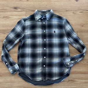 Ralph Lauren Boys Plaid Flannel Long Sleeve Button Down Shirt 10/12 Black Gray